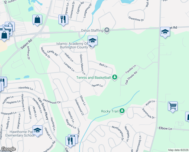 map of restaurants, bars, coffee shops, grocery stores, and more near 33 Haven Lane in Burlington