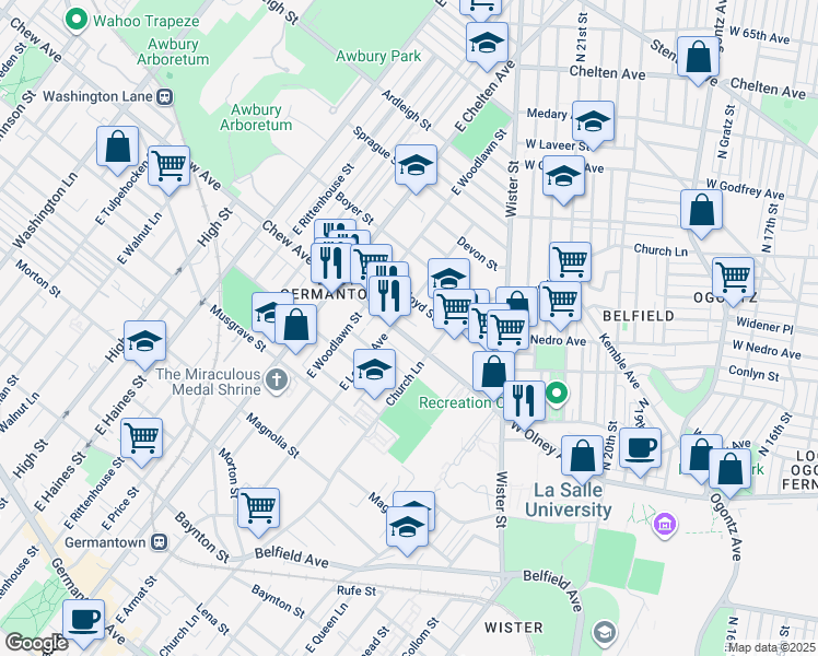 map of restaurants, bars, coffee shops, grocery stores, and more near 5533 Chew Avenue in Philadelphia
