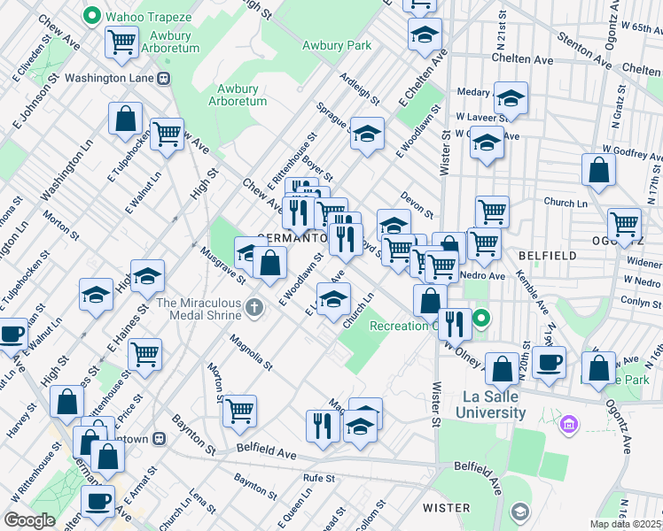 map of restaurants, bars, coffee shops, grocery stores, and more near 748 E Gray St in Philadelphia