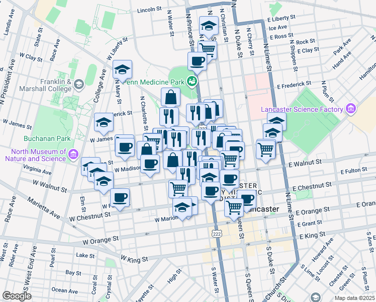 map of restaurants, bars, coffee shops, grocery stores, and more near 223 West Lemon Street in Lancaster