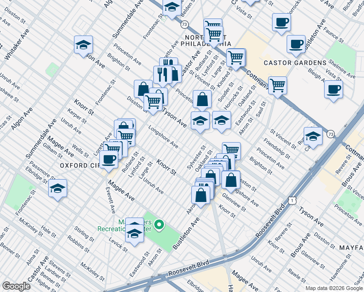 map of restaurants, bars, coffee shops, grocery stores, and more near 6916 Horrocks Street in Philadelphia