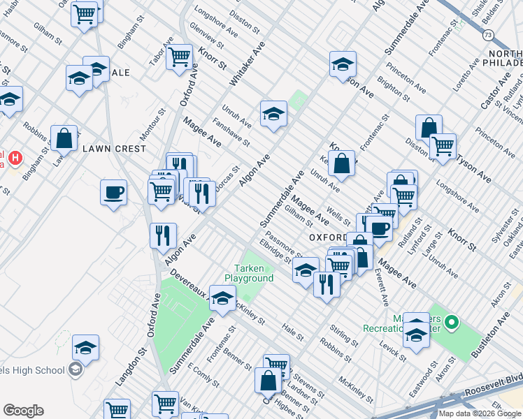 map of restaurants, bars, coffee shops, grocery stores, and more near 1146 Hellerman Street in Philadelphia