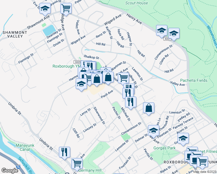 map of restaurants, bars, coffee shops, grocery stores, and more near 6901 Ridge Avenue in Philadelphia
