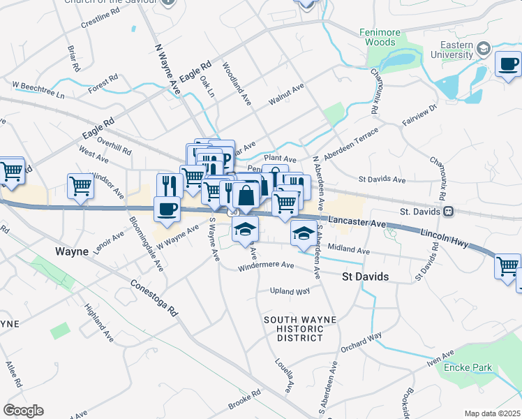 map of restaurants, bars, coffee shops, grocery stores, and more near 165 East Lancaster Avenue in Wayne