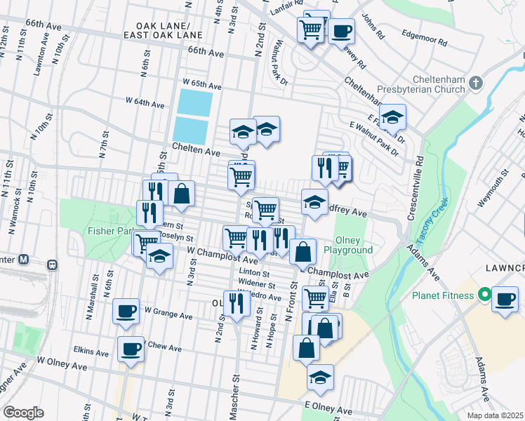 map of restaurants, bars, coffee shops, grocery stores, and more near 150 Sparks Street in Philadelphia