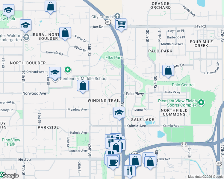 map of restaurants, bars, coffee shops, grocery stores, and more near in Boulder