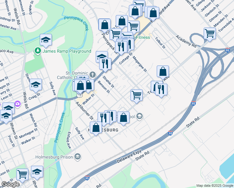 map of restaurants, bars, coffee shops, grocery stores, and more near 4526 Strahle Street in Philadelphia