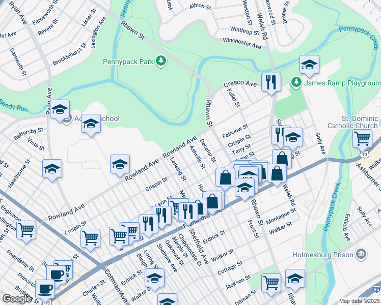 map of restaurants, bars, coffee shops, grocery stores, and more near 3322 Ashville Street in Philadelphia