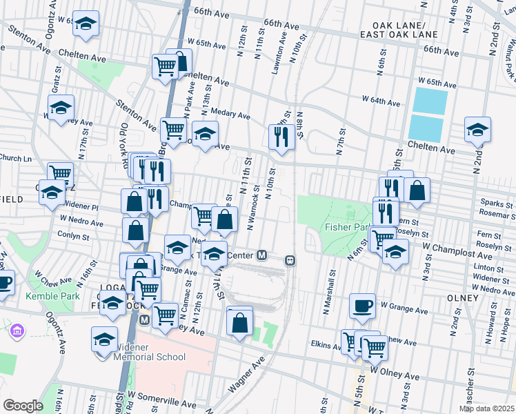map of restaurants, bars, coffee shops, grocery stores, and more near 6019 North Warnock Street in Philadelphia
