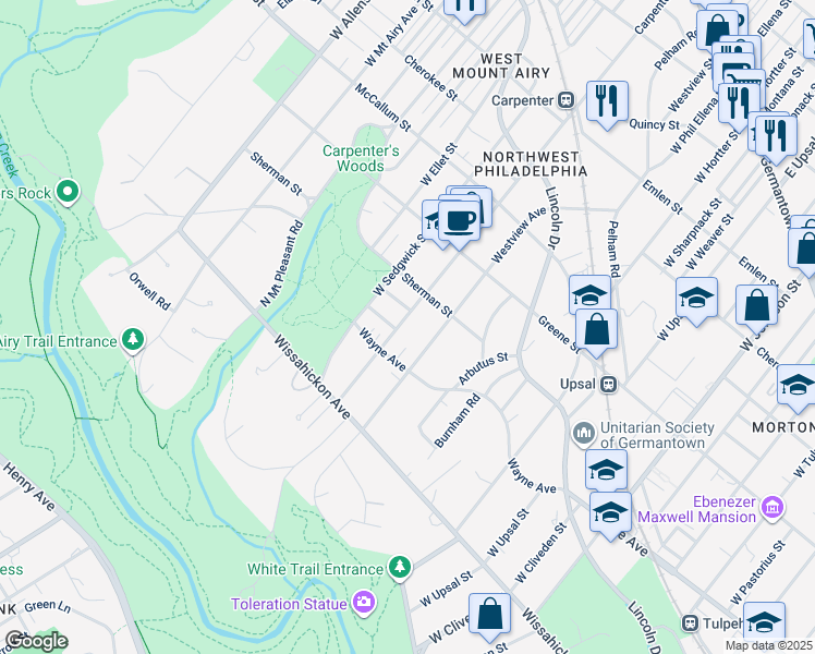 map of restaurants, bars, coffee shops, grocery stores, and more near 734 Carpenter Lane in Philadelphia