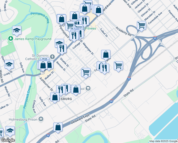 map of restaurants, bars, coffee shops, grocery stores, and more near 4634 Pennypack Street in Philadelphia