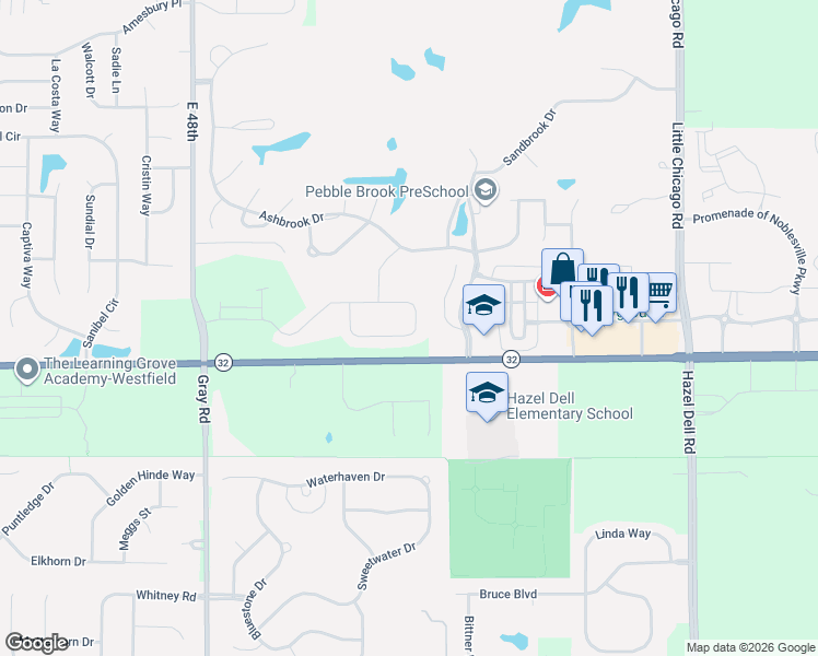 map of restaurants, bars, coffee shops, grocery stores, and more near 5217 Castamere Drive in Noblesville