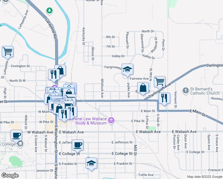 map of restaurants, bars, coffee shops, grocery stores, and more near 600 Binford Street in Crawfordsville