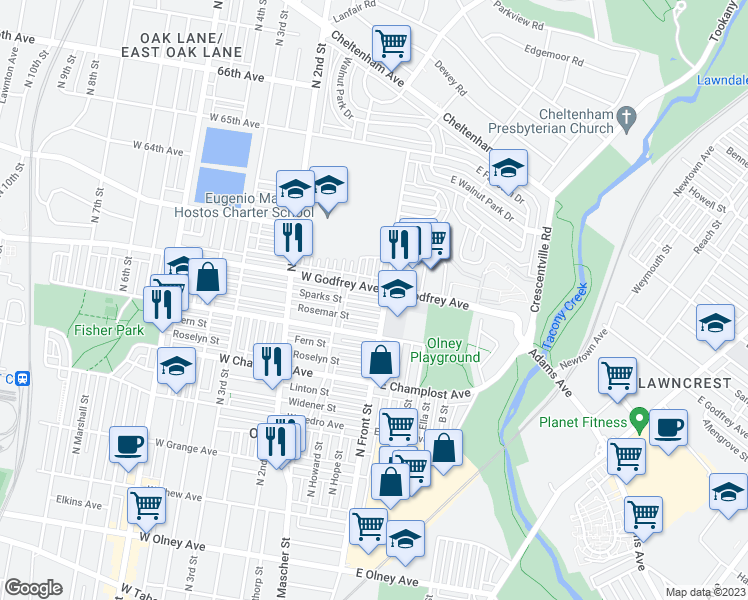 map of restaurants, bars, coffee shops, grocery stores, and more near 97 Sparks Street in Philadelphia