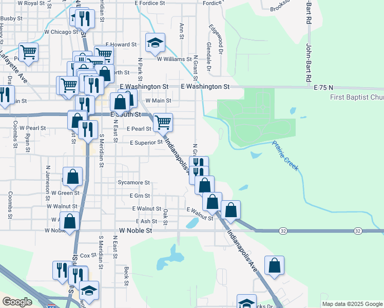 map of restaurants, bars, coffee shops, grocery stores, and more near 730 East Elm Street in Lebanon