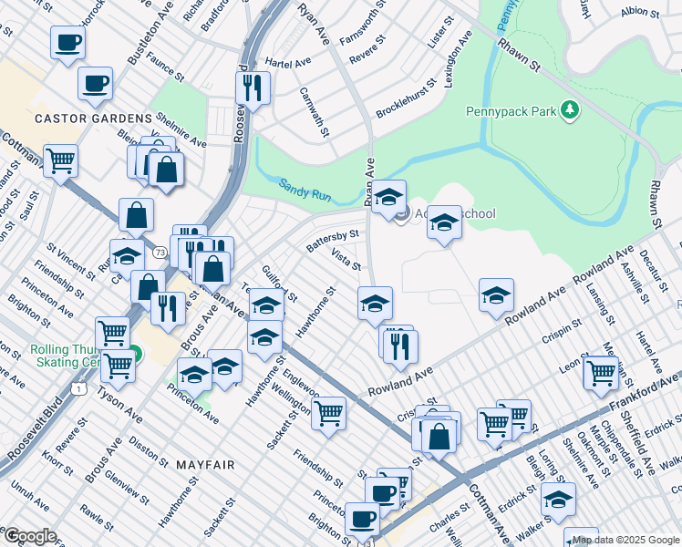 map of restaurants, bars, coffee shops, grocery stores, and more near 3039 Nesper Street in Philadelphia