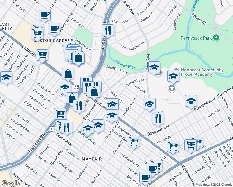 map of restaurants, bars, coffee shops, grocery stores, and more near 2925 Guilford Street in Philadelphia