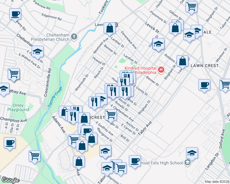 map of restaurants, bars, coffee shops, grocery stores, and more near 474 Van Kirk Street in Philadelphia