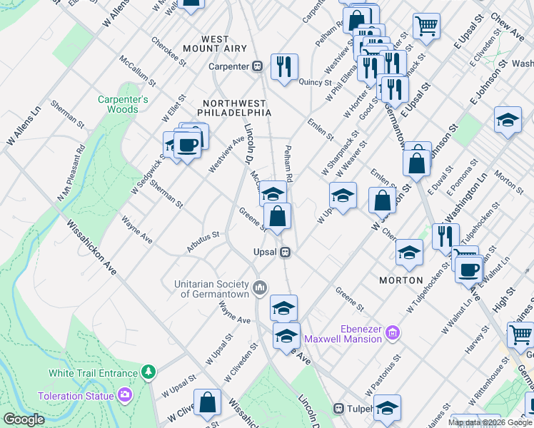 map of restaurants, bars, coffee shops, grocery stores, and more near 6555 Greene Street in Philadelphia