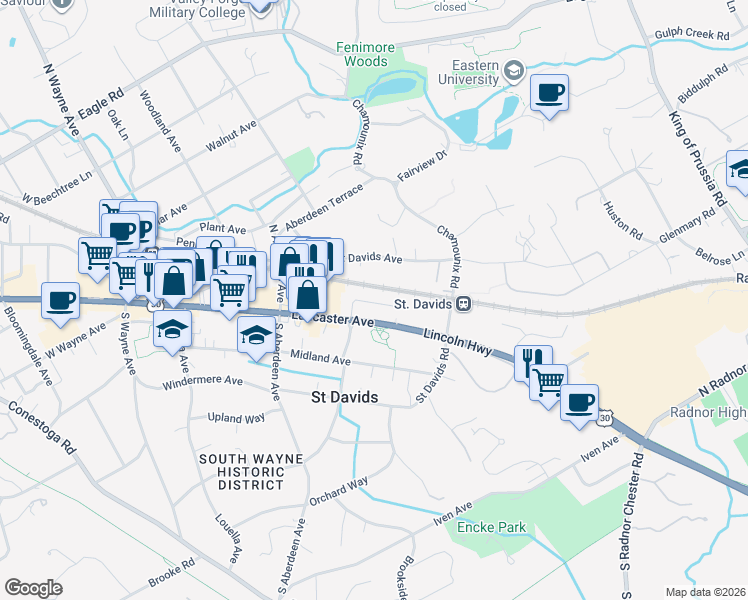 map of restaurants, bars, coffee shops, grocery stores, and more near 123 Iron Works Way in Wayne