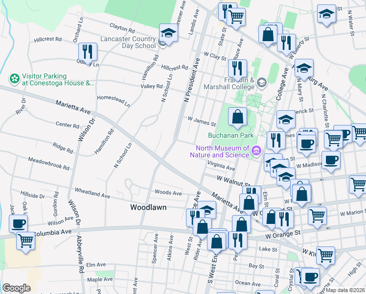 map of restaurants, bars, coffee shops, grocery stores, and more near 1040 Buchanan Avenue in Lancaster
