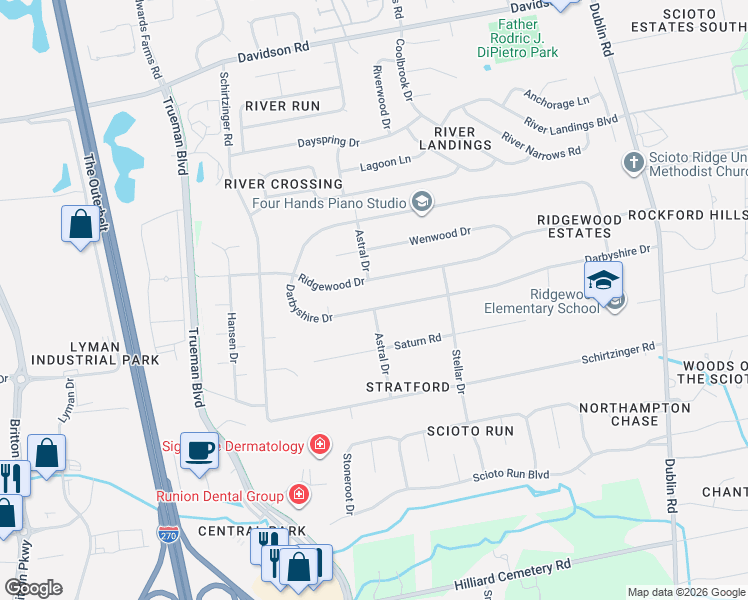 map of restaurants, bars, coffee shops, grocery stores, and more near 3724 Darbyshire Drive in Hilliard
