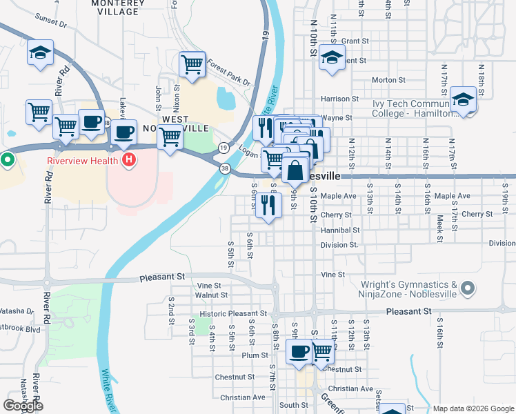 map of restaurants, bars, coffee shops, grocery stores, and more near 197 South 6th Street in Noblesville