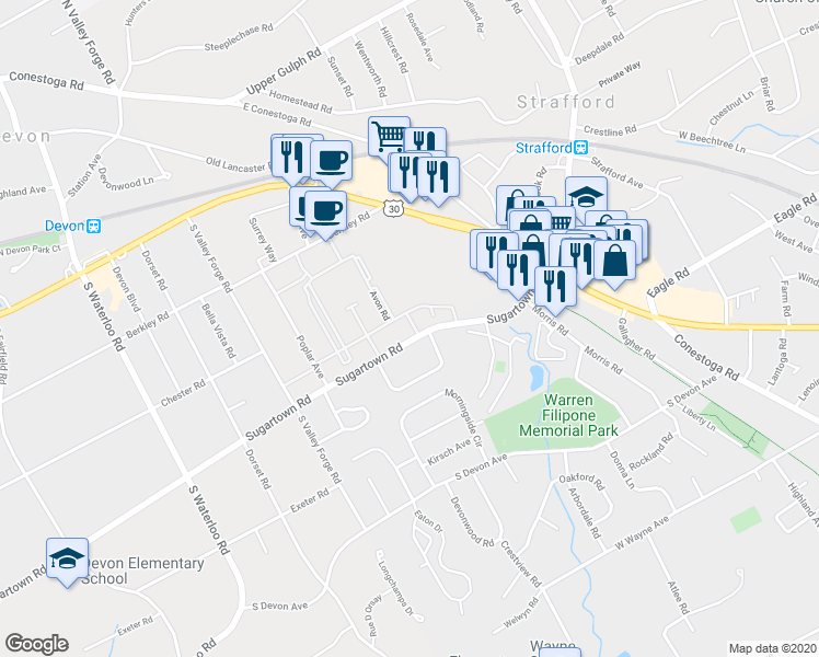 map of restaurants, bars, coffee shops, grocery stores, and more near 340 Sugartown Road in Devon