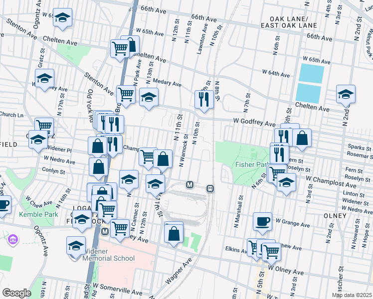 map of restaurants, bars, coffee shops, grocery stores, and more near 6019 North Warnock Street in Philadelphia