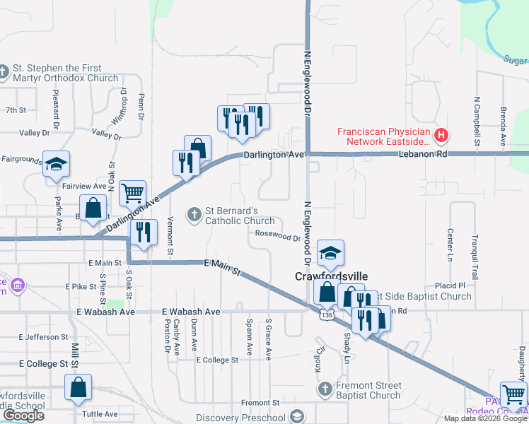 map of restaurants, bars, coffee shops, grocery stores, and more near 1416 Woodside Drive in Crawfordsville