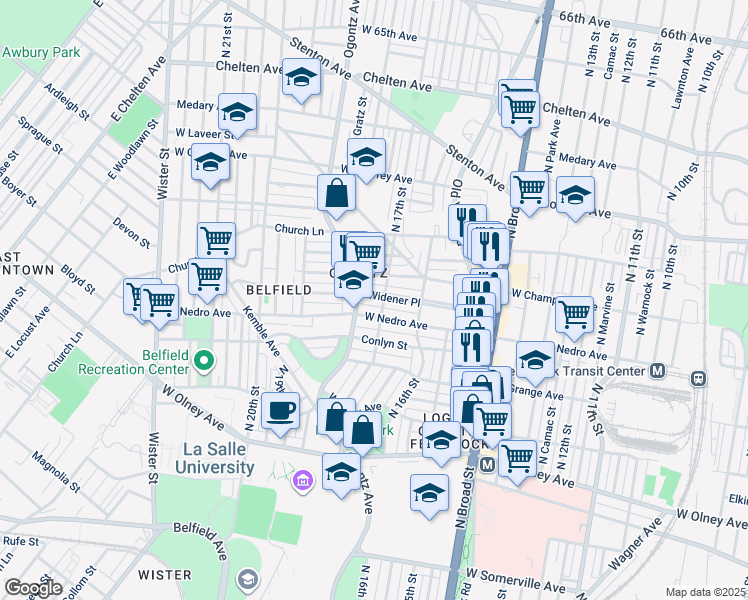 map of restaurants, bars, coffee shops, grocery stores, and more near 1708 Widener Place in Philadelphia