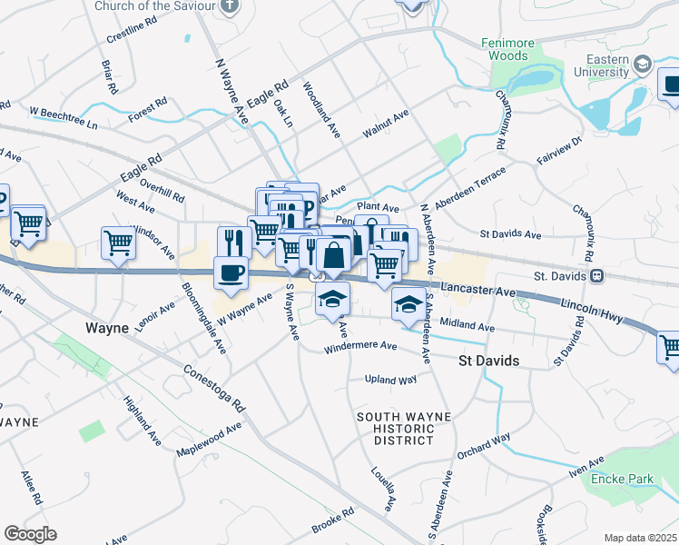 map of restaurants, bars, coffee shops, grocery stores, and more near 165 East Lancaster Avenue in Wayne