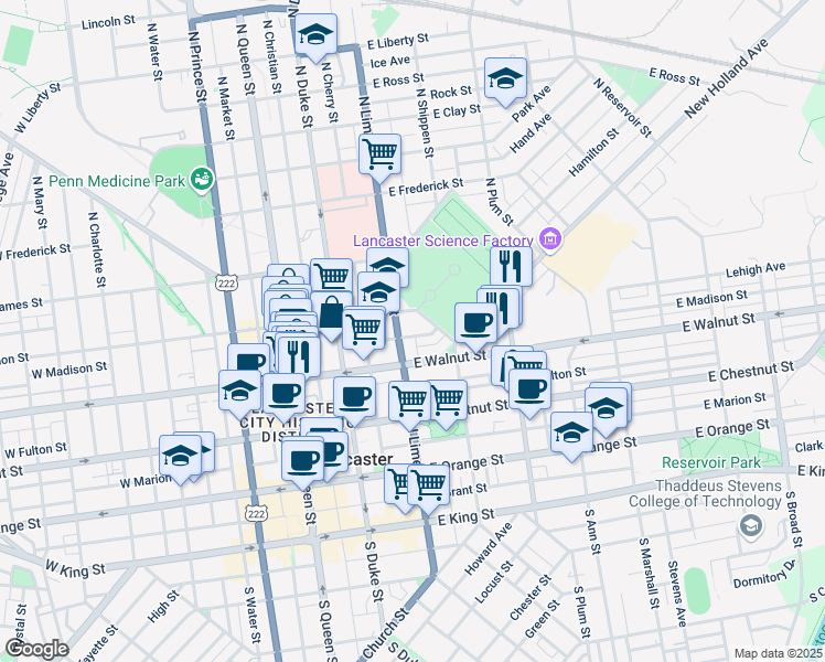 map of restaurants, bars, coffee shops, grocery stores, and more near 213 East Madison Street in Lancaster