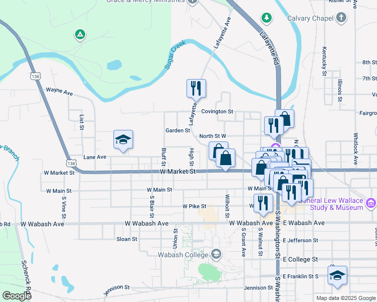 map of restaurants, bars, coffee shops, grocery stores, and more near 305 High Street in Crawfordsville