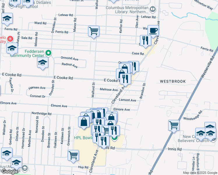 map of restaurants, bars, coffee shops, grocery stores, and more near in Columbus