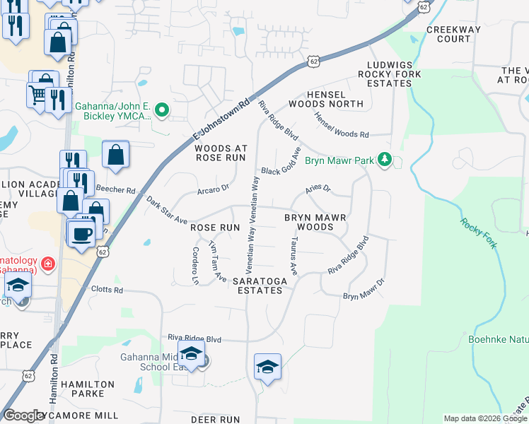 map of restaurants, bars, coffee shops, grocery stores, and more near 763 Dark Star Avenue in Columbus