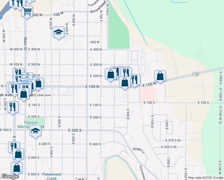 map of restaurants, bars, coffee shops, grocery stores, and more near 790 East 100 North in Payson