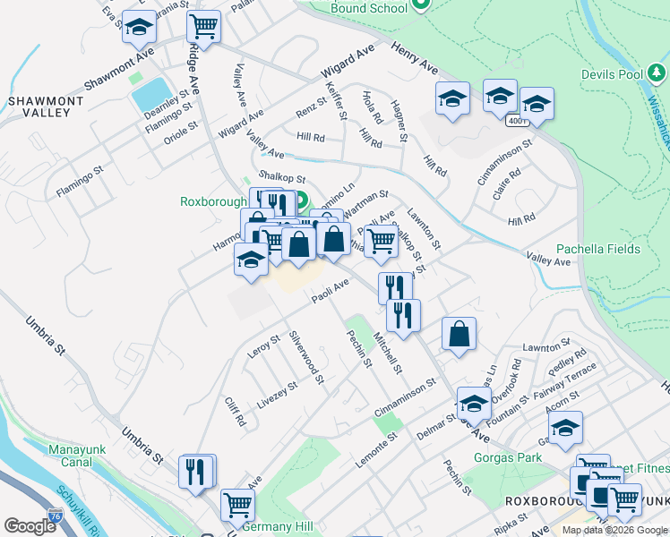 map of restaurants, bars, coffee shops, grocery stores, and more near 7026 Ridge Avenue in Philadelphia