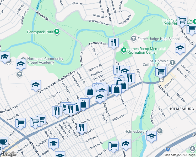 map of restaurants, bars, coffee shops, grocery stores, and more near 8042 Leon Street in Philadelphia