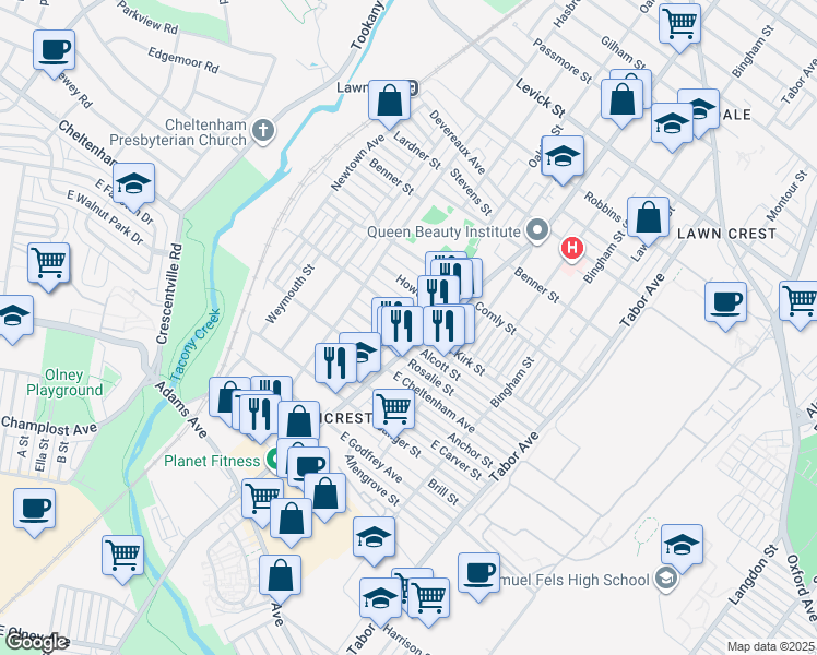 map of restaurants, bars, coffee shops, grocery stores, and more near 474 Van Kirk St in Philadelphia