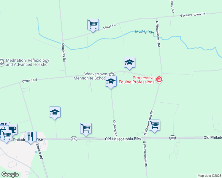 map of restaurants, bars, coffee shops, grocery stores, and more near 73 Orchard Road in Bird in Hand