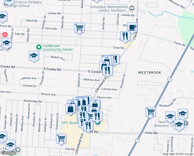 map of restaurants, bars, coffee shops, grocery stores, and more near in Columbus
