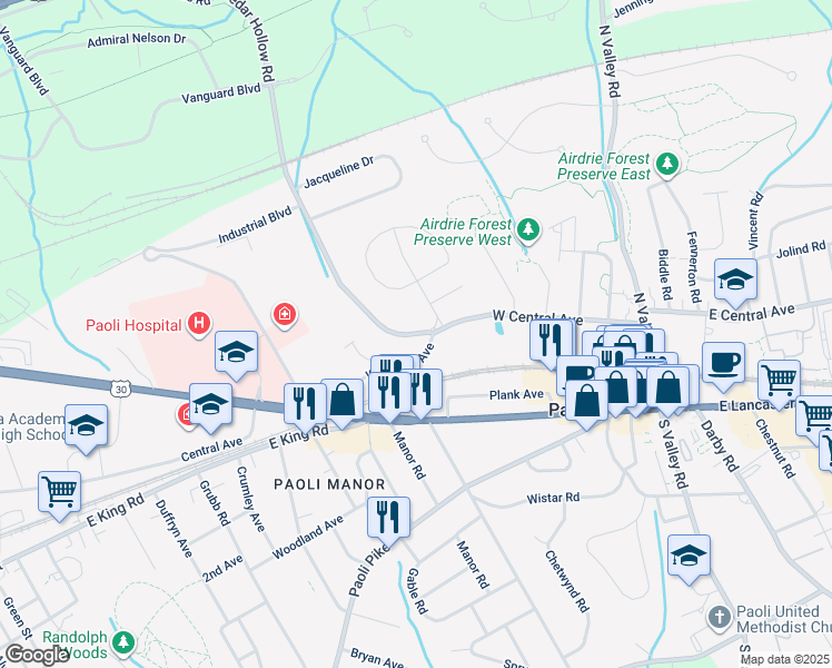 map of restaurants, bars, coffee shops, grocery stores, and more near 4 Cedar Hollow Road in Paoli