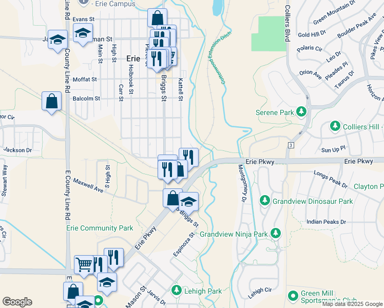 map of restaurants, bars, coffee shops, grocery stores, and more near 101 Huntley Creek Court in Erie
