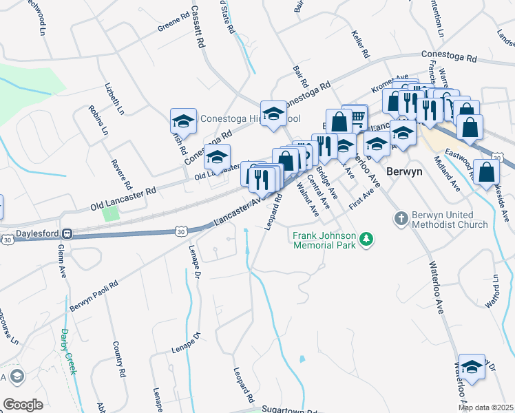 map of restaurants, bars, coffee shops, grocery stores, and more near 1026 Lancaster Avenue in Berwyn