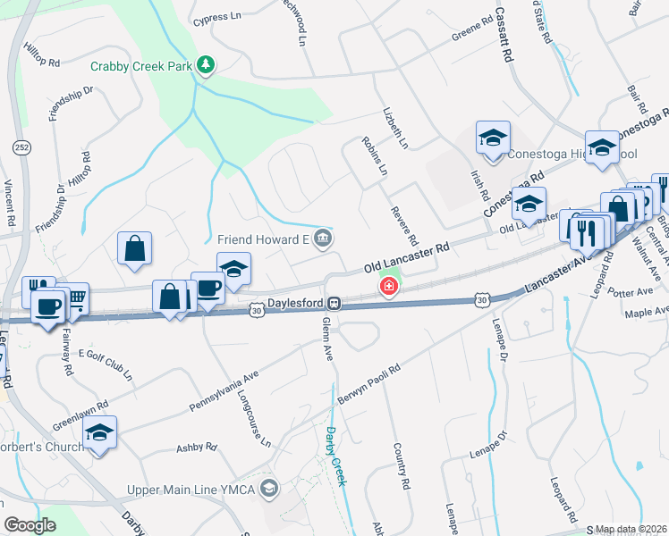 map of restaurants, bars, coffee shops, grocery stores, and more near 1242 Old Lancaster Road in Berwyn