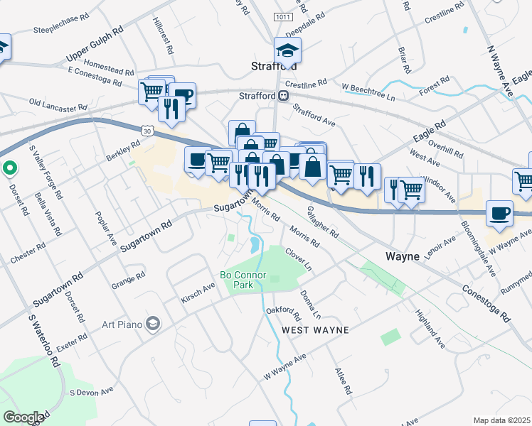 map of restaurants, bars, coffee shops, grocery stores, and more near 421 Morris Road in Strafford
