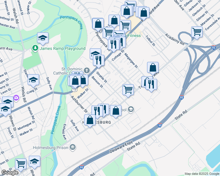 map of restaurants, bars, coffee shops, grocery stores, and more near 4526 Strahle Street in Philadelphia