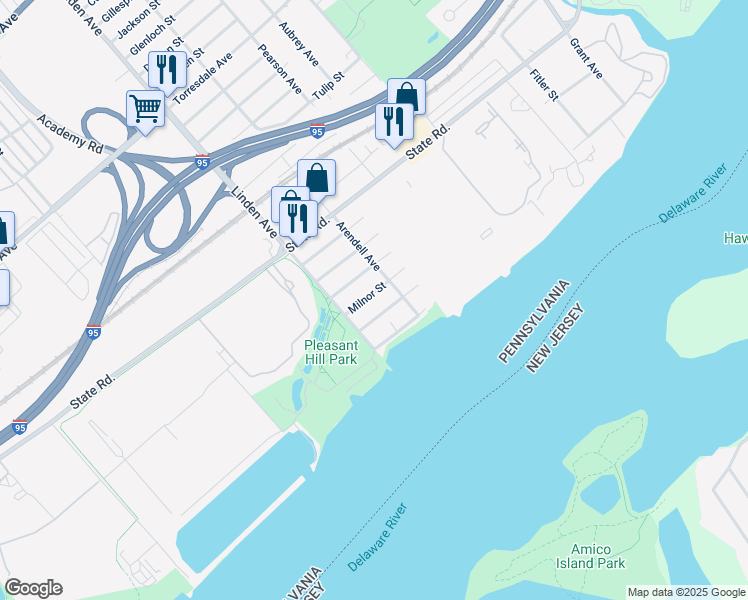 map of restaurants, bars, coffee shops, grocery stores, and more near 9225 Milnor Street in Philadelphia