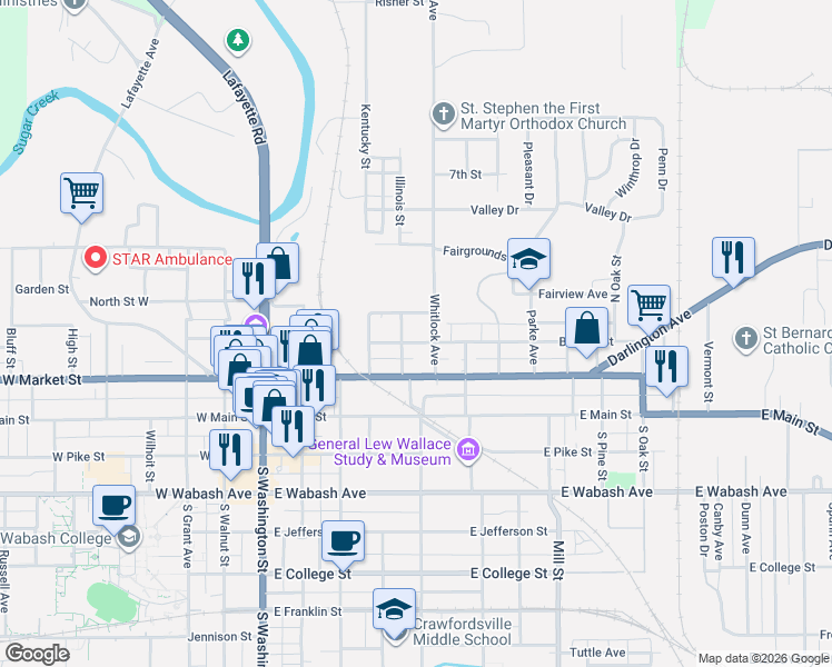 map of restaurants, bars, coffee shops, grocery stores, and more near 412 Binford Street in Crawfordsville